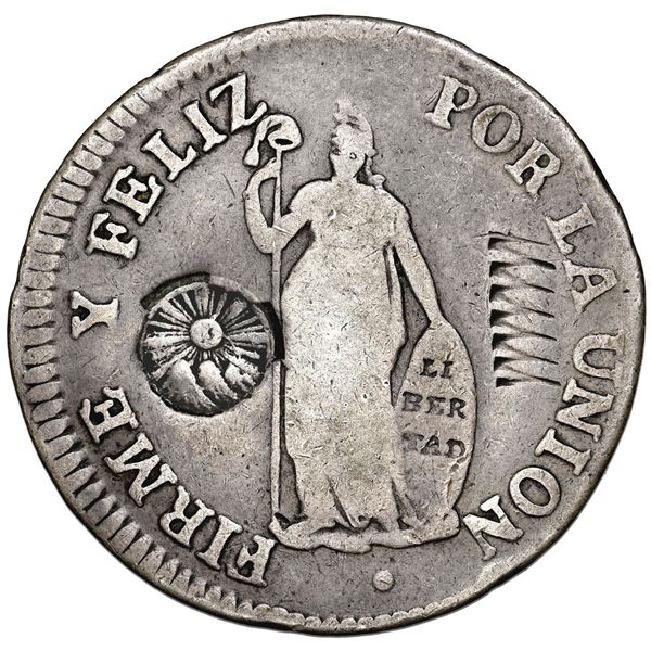 Guatemala, 2 reales, sun-over-mountains countermark (Type II, 1839) on obverse of a Lima, Peru, 2 re