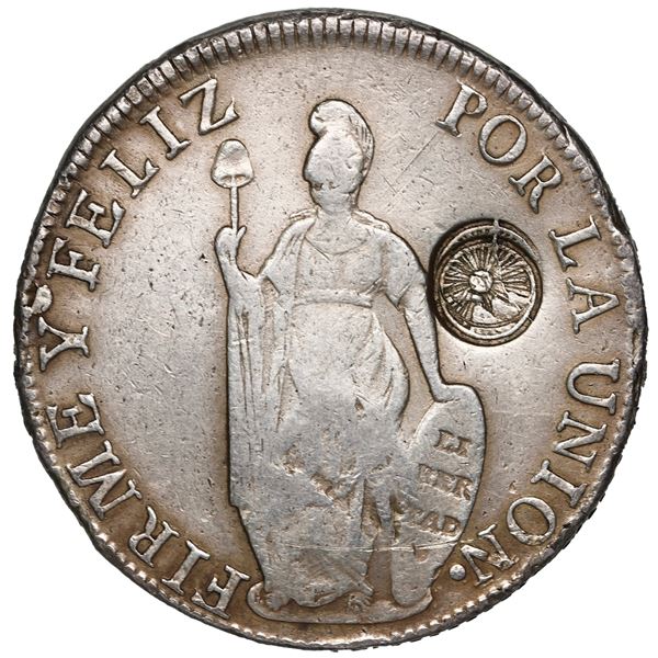 Guatemala, 8 reales, Type III double countermark (1840) on a Lima, North Peru, 8 reales, 1838 MB.