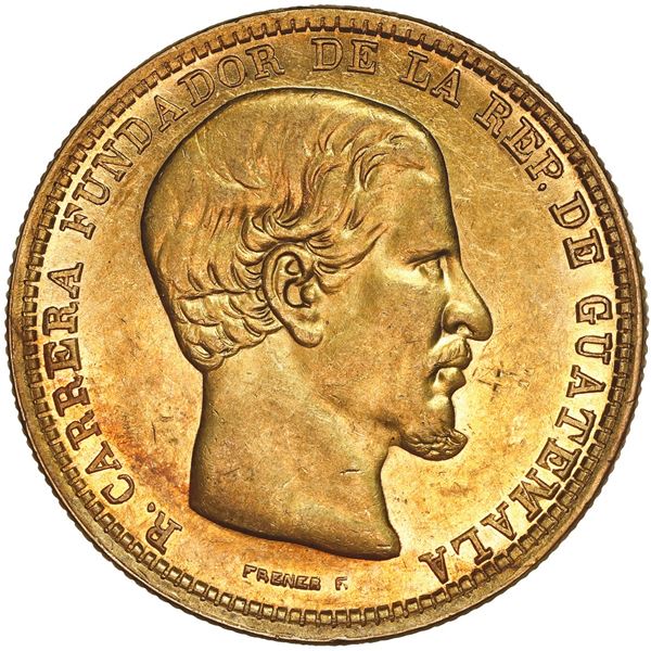Guatemala, gold 20 pesos, Carrera, 1869 R, NGC AU 58.