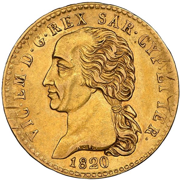 Sardinia (Italian States), Turin mint (eagle mintmark), gold 20 lire, 1820-L, Vittorio Emanuele I, N
