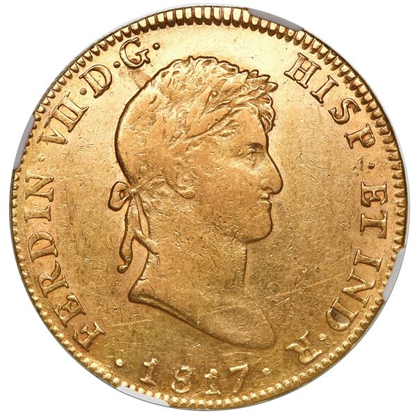 Mexico City, Mexico, gold bust 8 escudos, Ferdinand VII, 1817 JJ, NGC AU 58.