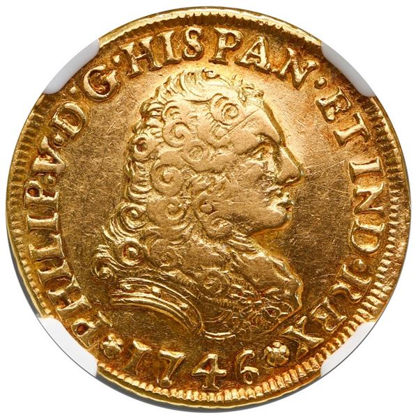 Mexico City, Mexico, gold bust 2 escudos, Philip V, 1746 MF, NGC XF 45.