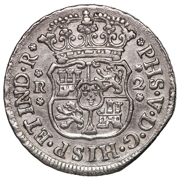 Mexico City, Mexico, pillar 2 reales, Philip V, 1746/5 M, mint error edge-clip (full weight).