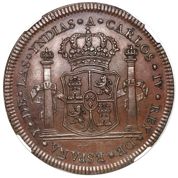 Mexico City, Mexico, bronze 8 reales proclamation medal, Charles IV, 1789, rare, NGC MS 61 Brown.