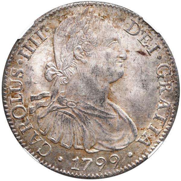 Mexico City, Mexico, bust 8 reales, Charles IV, 1799 FM, NGC MS 63 ("top pop").