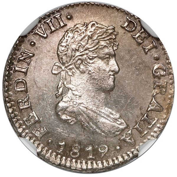Mexico City, Mexico, bust 1/2 real, Ferdinand VII, 1819/8 JJ, rare, NGC MS 63.