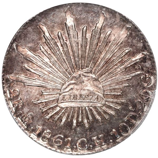 Mexico City, Mexico, cap-and-rays 2 reales, 1861 CH, PCGS MS64+.