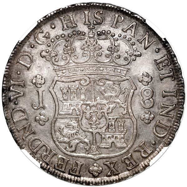 Lima, Peru, pillar 8 reales, Ferdinand VI, 1753 J, dots over both mintmarks, NGC AU 53.