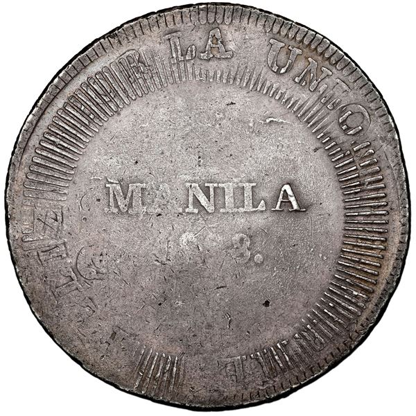 Manila, Philippines (under Spain), 8 reales, 1828 countermark (Type I) on a Lima, Peru, 8 reales, 18