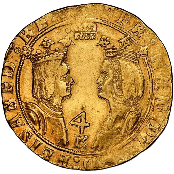 Segovia, Spain, gold 4 excelentes, Ferdinand-Isabel, mintmark at top, denomination Arabic 4 above K 