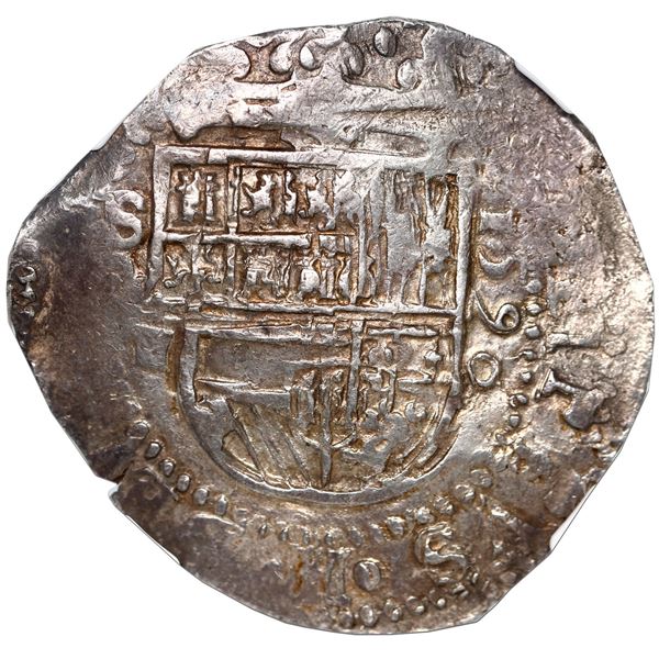 Seville, Spain, cob 8 reales, 1590 date to right, assayer Gothic D below denomination o-VIII and min