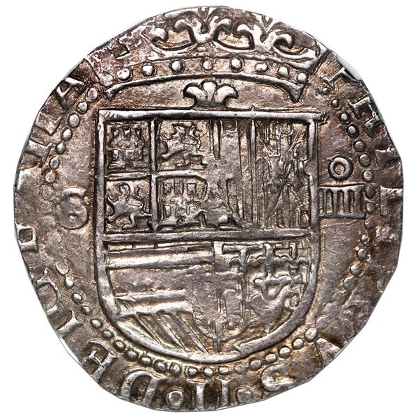 Seville, Spain, cob 4 reales, Philip II, fleur above shield, assayer Gothic D at four o'clock outsid