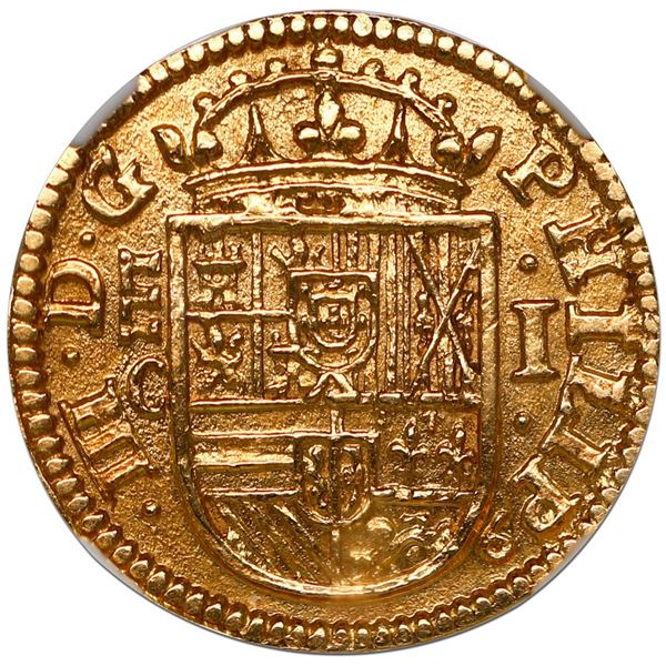 Segovia, Spain, gold milled 1 escudo, Philip III, 1607 C, king's name as PHILIP, NGC MS 65.