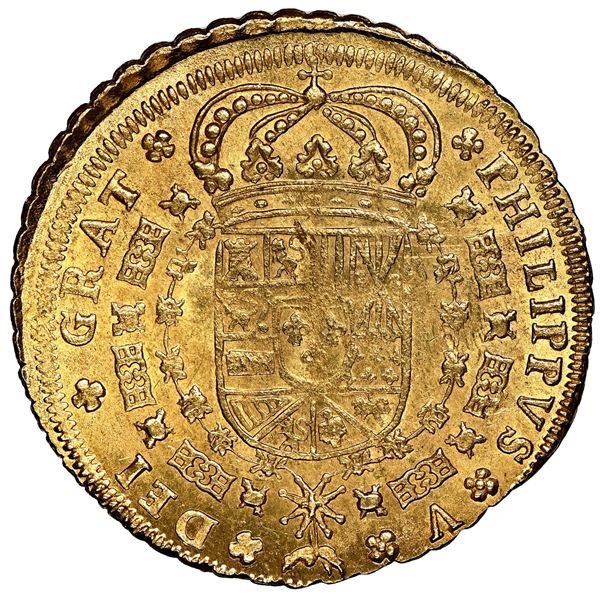 Seville, Spain, gold milled 8 escudos, Philip V, 1701 M, florets flanking fleece, 8-S-8-M in tressur