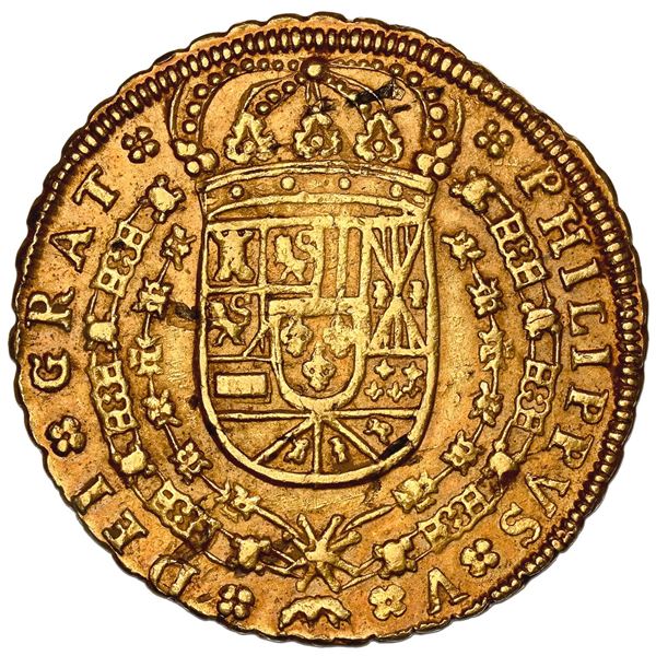 Seville, Spain, gold milled 8 escudos, Philip V, 1703 J, 8-S-8-J in tressure-dimples, NGC AU 58, fin