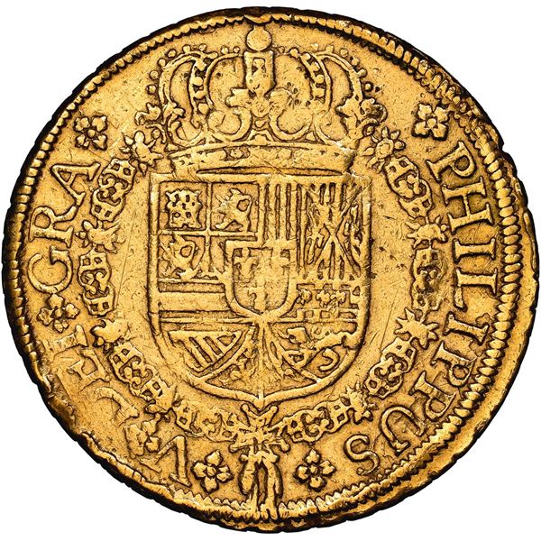 Seville, Spain, gold milled 8 escudos, Philip V, 1723 J, NGC XF details / removed from jewelry.
