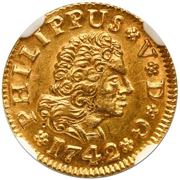 Seville, Spain, gold bust 1/2 escudo, Philip V, 1742 PJ, NGC MS 62.