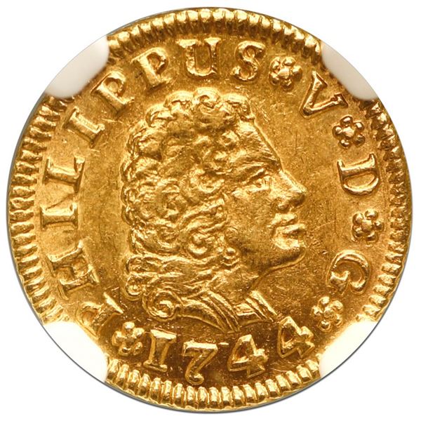 Seville, Spain, gold bust 1/2 escudo, Philip V (third bust), 1744 PJ, NGC MS 62.