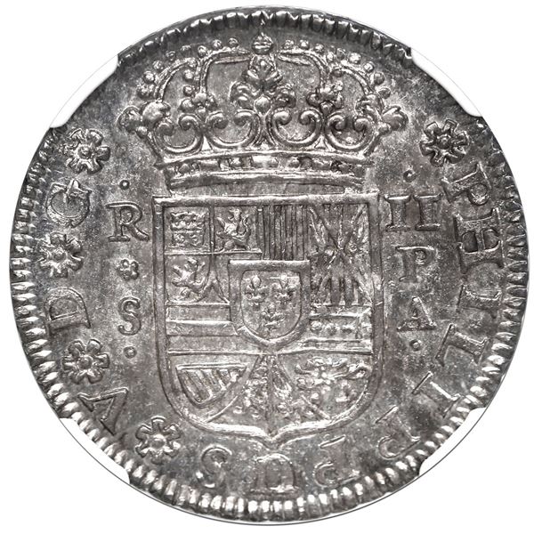 Seville, Spain, milled 2 reales, Philip V, 1734 PA, NGC MS 64, finest known in NGC census.