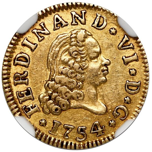 Madrid, Spain, gold bust 1/2 escudo, Ferdinand VI, 1754 JB, NGC AU 55.