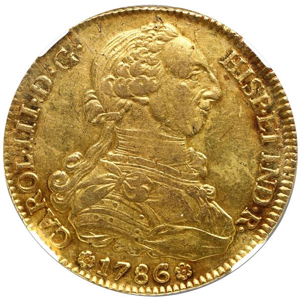 Seville, Spain, gold bust 8 escudos, Charles III, 1786 C, NGC AU 55.