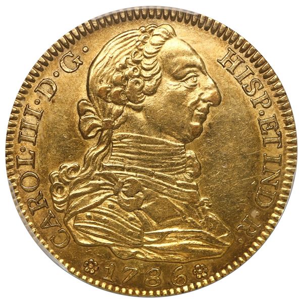 Madrid, Spain, gold bust 4 escudos, Charles III, 1786 DV, PCGS AU58.