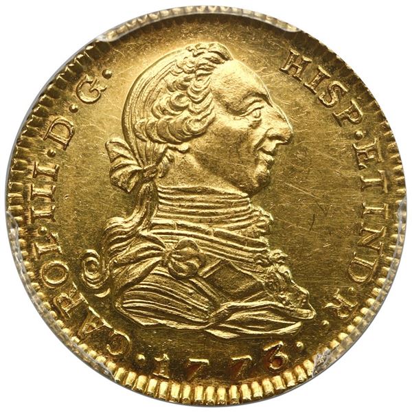 Madrid, Spain, gold bust 2 escudos, Charles III, 1773 PJ, PCGS MS61, finest known in PCGS census.
