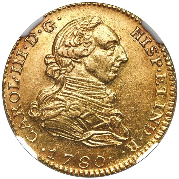 Madrid, Spain, gold bust 2 escudos, Charles III, 1780 PJ, NGC MS 60, finest known in NGC census.