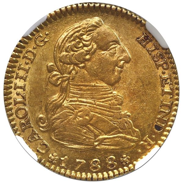 Madrid, Spain, gold bust 2 escudos, Charles III, 1788/78 M/PJ, NGC AU 58.