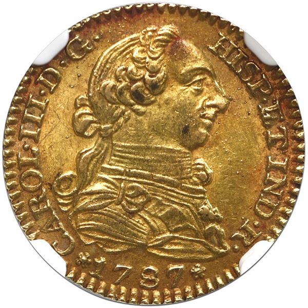Madrid, Spain, gold bust 1 escudo, Charles III, 1787/6 DV, NGC AU 58.