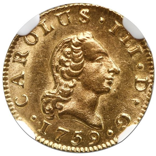 Madrid, Spain, gold bust 1/2 escudo, Charles III, 1759 JP, NGC MS 63, finest known in NGC census.