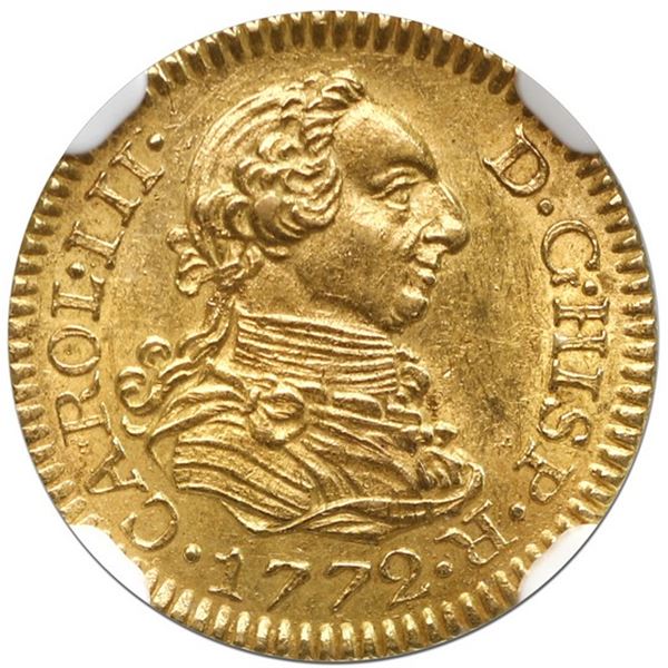 Madrid, Spain, gold bust 1/2 escudo, Charles III, 1772 PJ, NGC MS 62+.