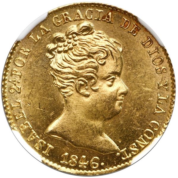 Barcelona, Spain, gold 80 reales, Isabel II, 1846 PS, NGC MS 63.