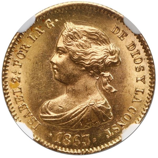 Barcelona, Spain, gold 40 reales, Isabel II, 1863, NGC MS 63, finest known in NGC census.