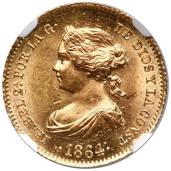 Madrid, Spain, gold 40 reales, Isabel II, 1864, NGC MS 62.