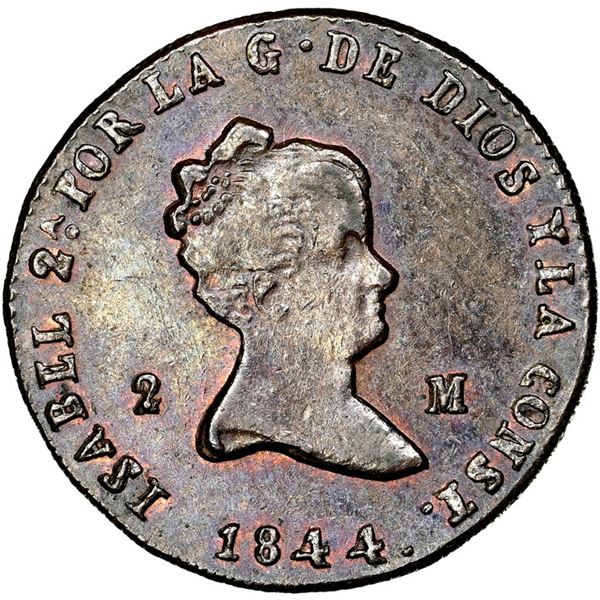 Jubia, Spain, copper 2 maravedis, Isabel II, 1844, NGC MS 61 Brown, finest and only example in NGC c