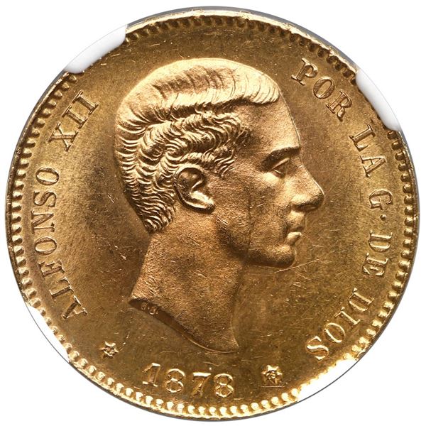 Madrid, Spain, gold 25 pesetas, Alfonso XII, 1878(78) EM-M, NGC MS 63.