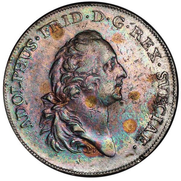 Sweden, riksdaler, Adolf Fredrik, 1753 HM, F under bust, rare, PCGS AU detail / cleaned.