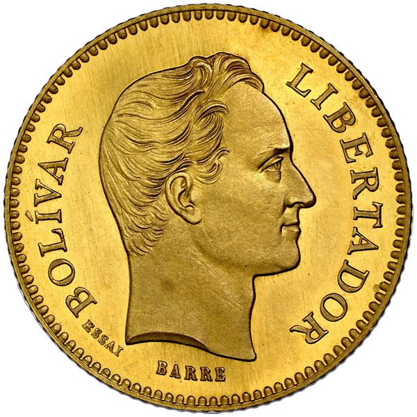 Venezuela (struck at the Paris Mint by Barre), gold essai (5 venezolanos), 1875 A, reeded edge, extr