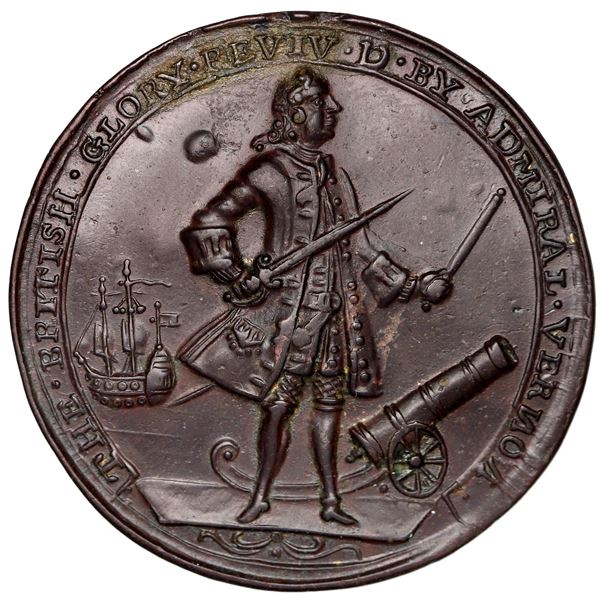 Great Britain, copper alloy Admiral Vernon medal, 1739, Vernon with ship and cannon / Porto Bello, e