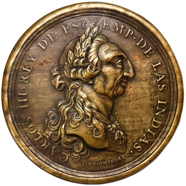 Mexico City, Mexico, brass uniface "cliche" (trial strike) of a large medal, Charles III, no date, e