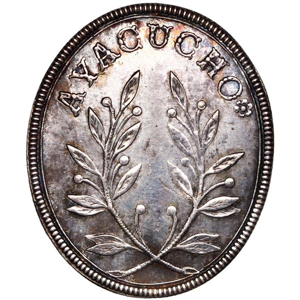 Peru, small oval uniface silver military decoration, no date, Ayacucho, struck by Bolivar decree of