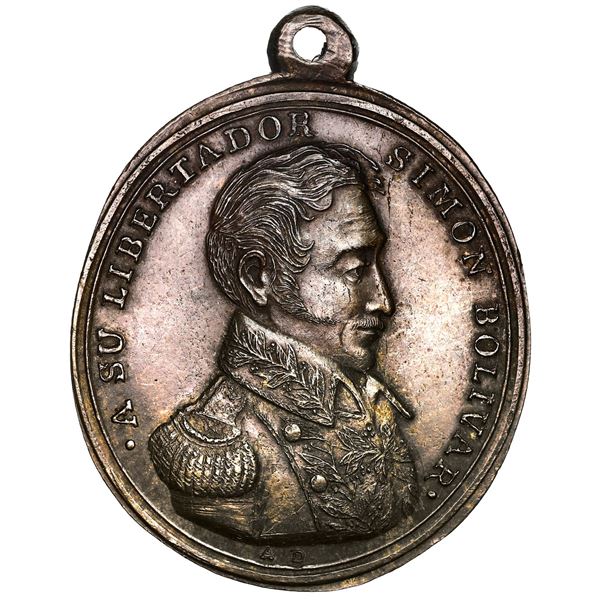 Peru, oval copper-alloy (off-metal) trial pattern of a military decoration, dated 1824, Bolivar / Ay