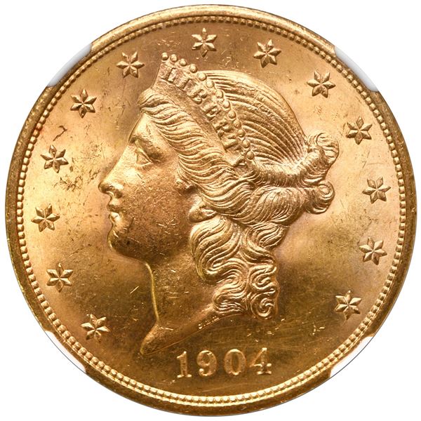 USA (Philadelphia mint), gold $20 Coronet Liberty double eagle, 1904, NGC MS 64, with green CAC stic
