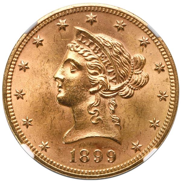 USA (Philadelphia mint), gold $10 Coronet Liberty eagle, 1899, NGC MS 64, with green CAC sticker.