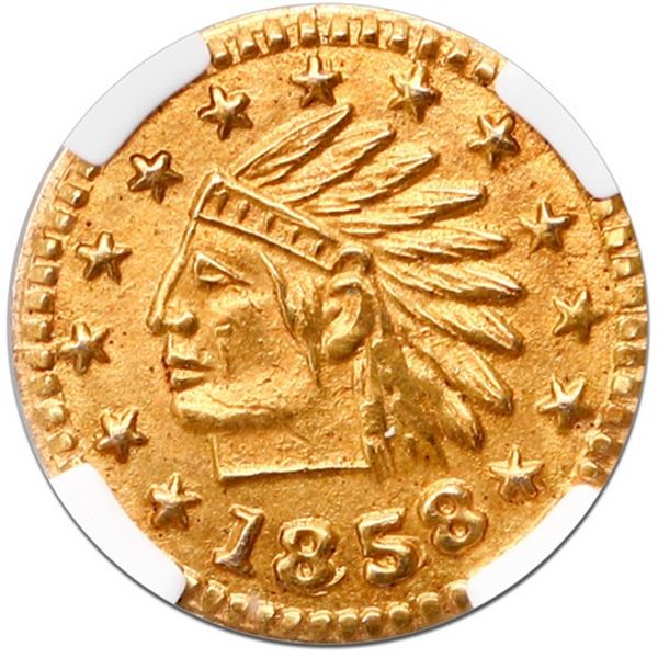 USA, round California fractional gold token, dated 1858, Indian, wreath 4a, NGC MS 66 ( top pop ).