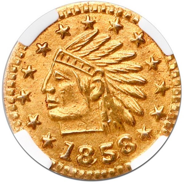 USA, round California fractional gold token, dated 1858, Indian, wreath 4a, NGC MS 66 ("top pop").