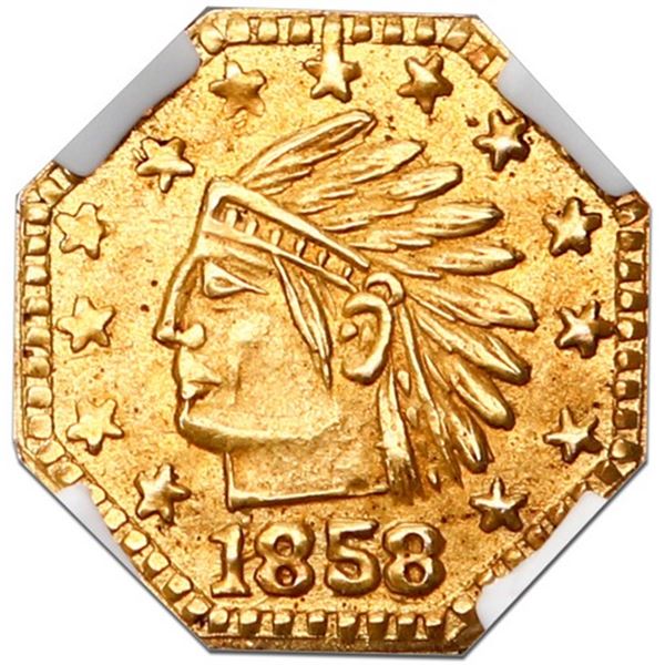 USA, octagonal California fractional gold token, dated 1858, Indian, wreath, 13 stars, NGC MS 65 ("t