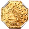 Image 1 : USA, octagonal California fractional gold token, dated 1858, Indian, wreath, 13 stars, NGC MS 65 ("t