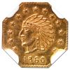 Image 1 : USA, octagonal California fractional gold token, dated 1860, Indian, wreath 4a, 13 stars, NGC MS 64,